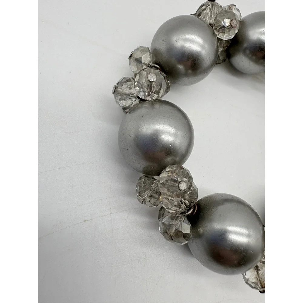 Chunky‎ Silver Faux Pearl and Faceted Crystal Beaded Stretch Statement Bracelet